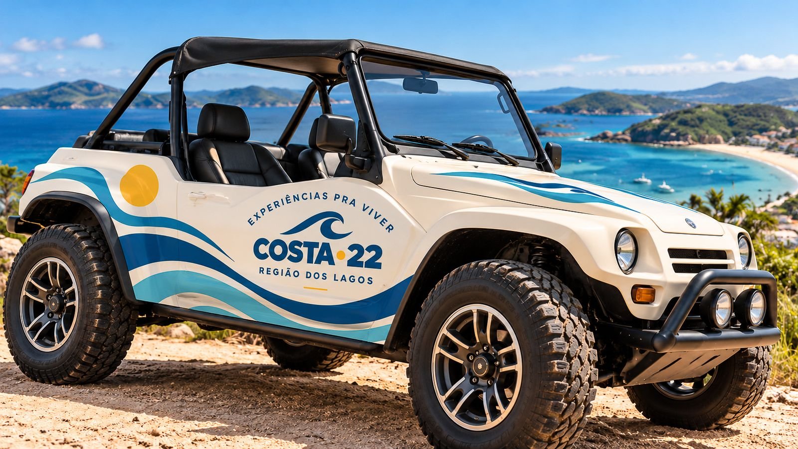 Bugre com a marca Costa 22 em um mirante, com o mar e as ilhas ao fundo