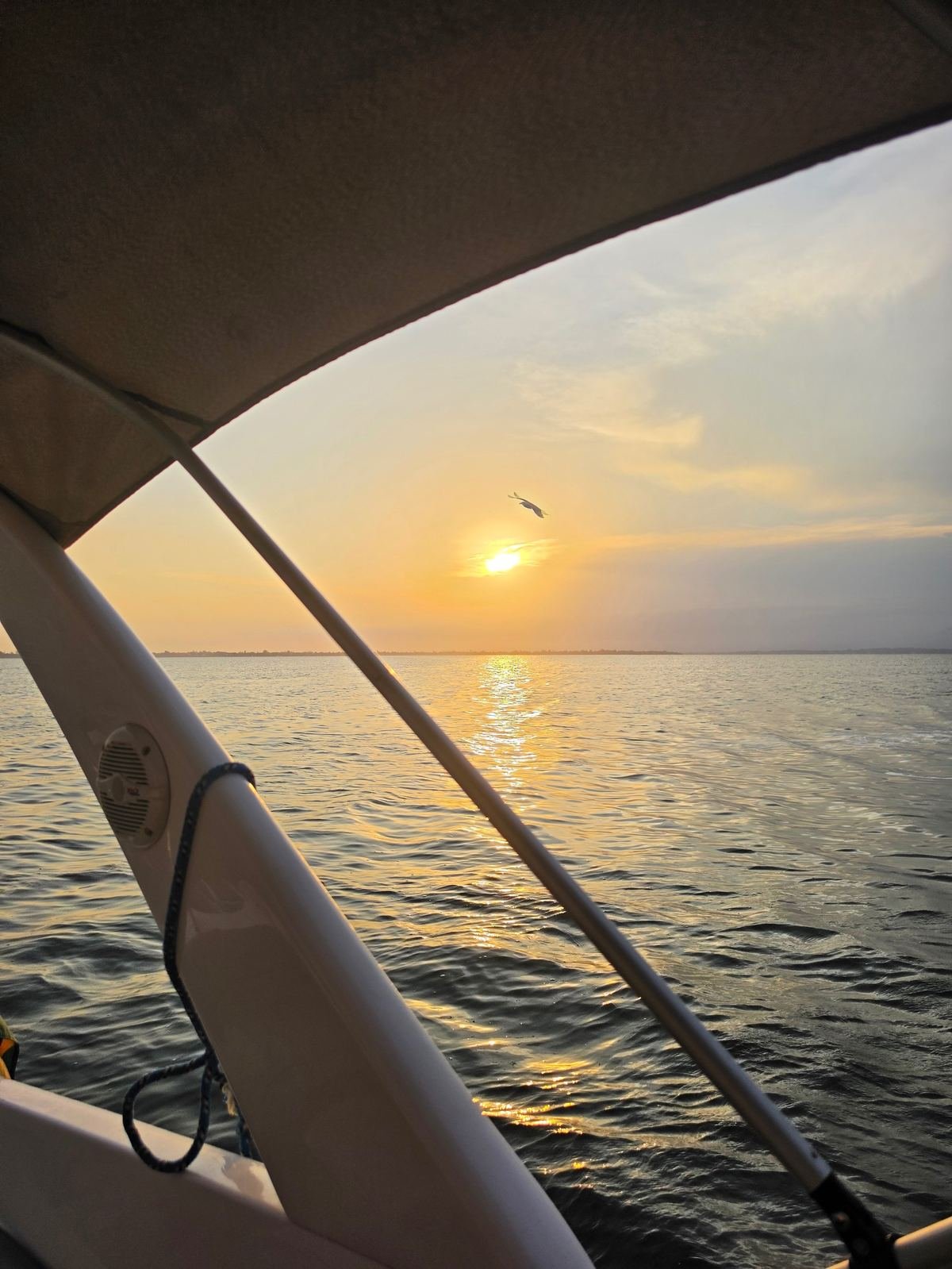 Pôr do sol na lagoa visto de dentro da lancha